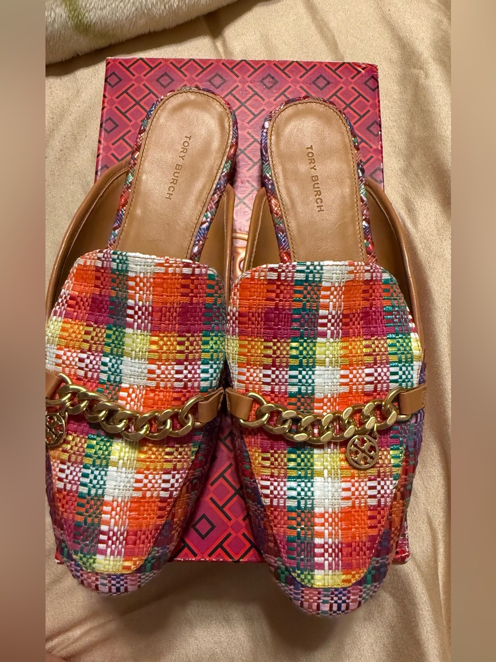 Tory Burch sz 9 Woven Multicolor Slide Mule with Gold Chain Detail